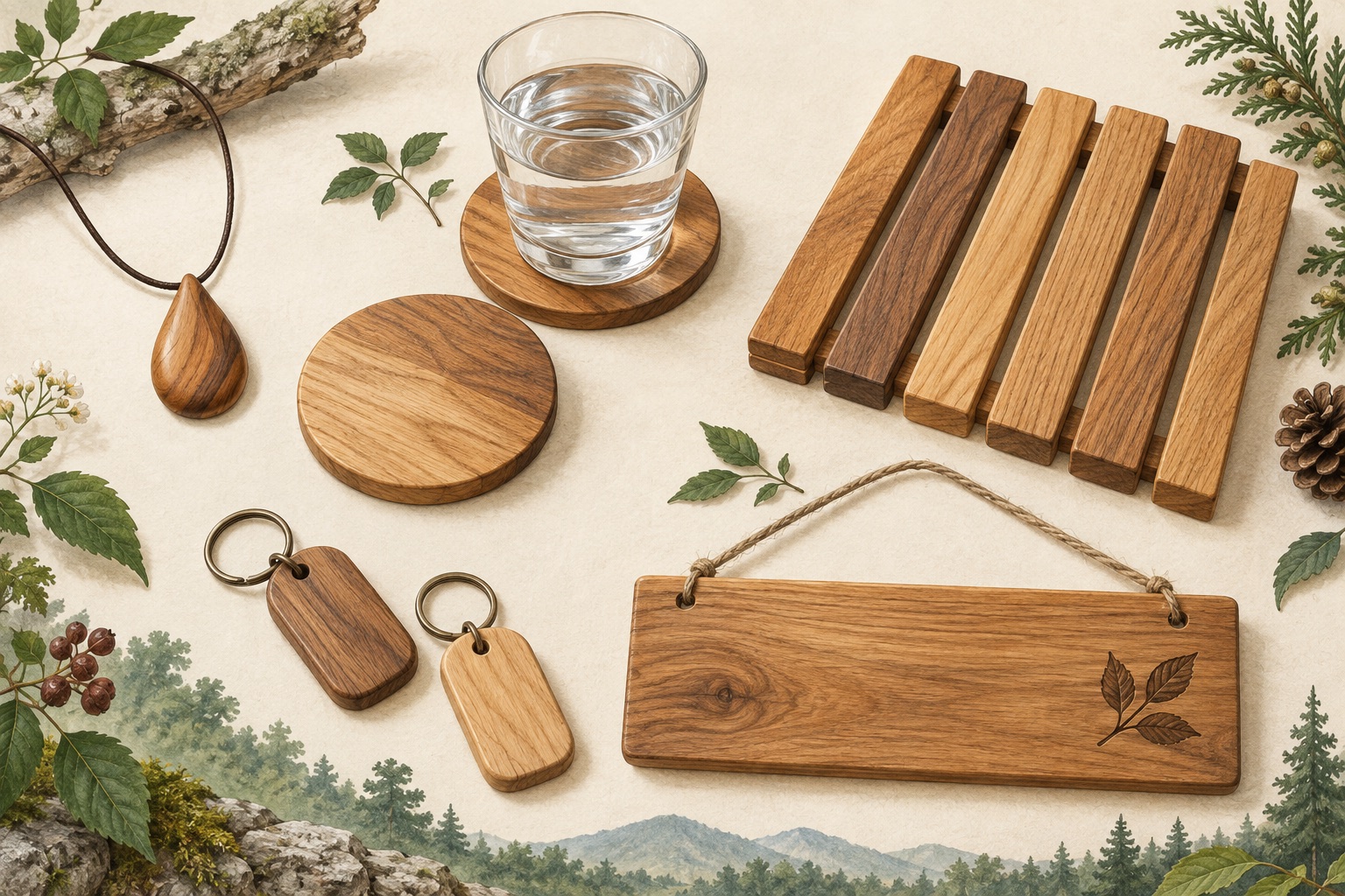 木のペンダント、コースター、鍋敷き、キーホルダー、木製看板を描いた制作・活用イメージ